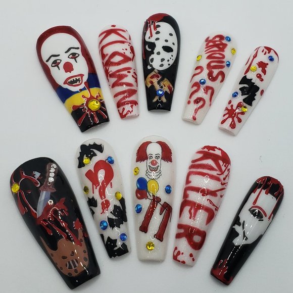 Halloween Long Coffin Press on Nails " Killer Klowns... " - Picture 1 of 9
